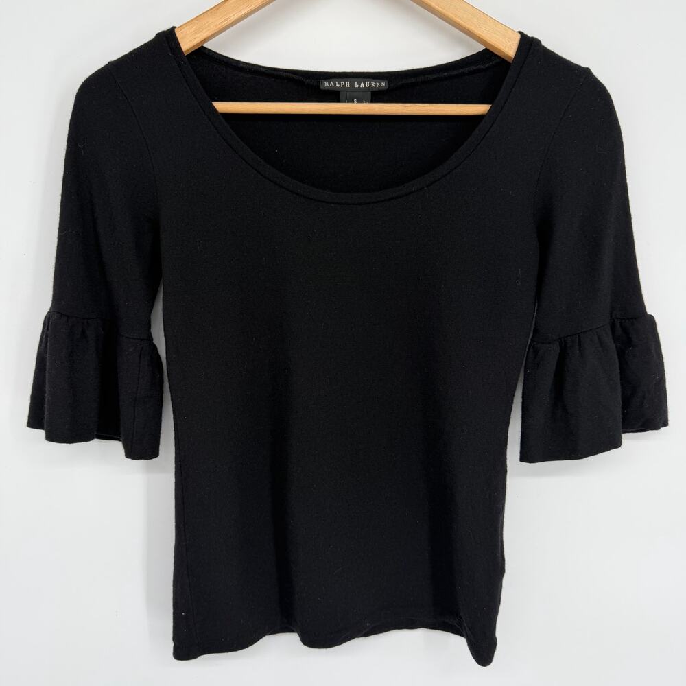 Ralph Lauren Black Label Top Women Small Wool Italian Fabric Ruffle Sleeve Black